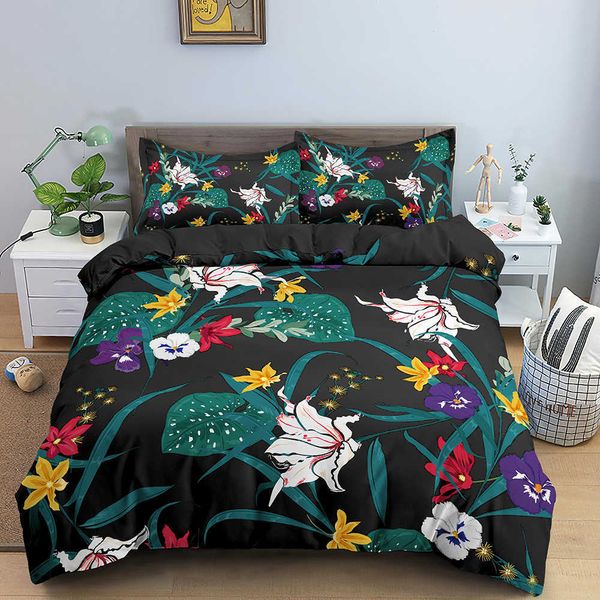 Set di biancheria da letto Set di biancheria da letto con stampa floreale Copripiumino con foglie tropicali Copripiumino per adulti per bambini Con custodia Taglie complete Tessili per la casa