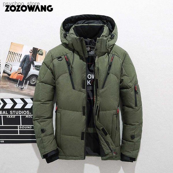 Homens Down Parkas ZOZOWANG Duck Down Jacket Homens Engrossar Com Capuz Manga Longa Azul Down Zipper Bolso Casaco Quente Pena Inverno Homens Down Jacket 5XL Q230831