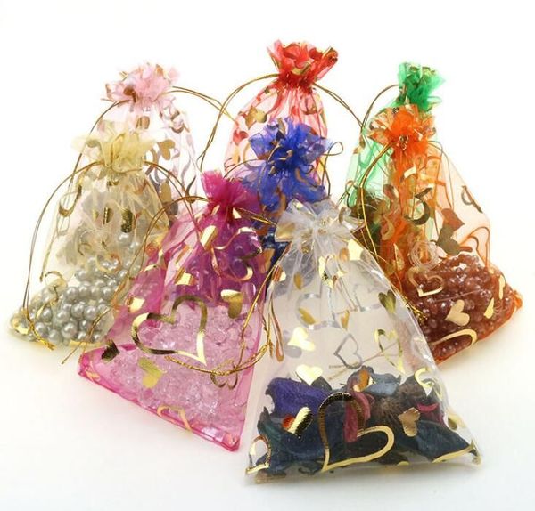 100 sacchetti per imballaggio in organza con cuori dorati, sacchetti per gioielli, bomboniere, sacchetti regalo per feste di Natale, ZZ