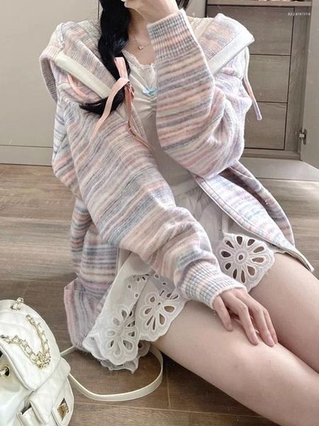 Maglieria da donna 2023 Autunno Dolce Manica Lunga Y2k Cardigan Donna Giapponese Casual A Righe Con Cappuccio Kawaii Abbigliamento Abiti Carini Felpe Chic