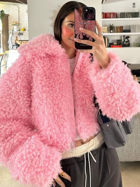 Giacche da donna Abbigliamento donna 2023 Autunno Inverno Solid Pink Zip-up Cappotti caldi Colletto rovesciato Manica lunga Capispalla Moda Streetwear