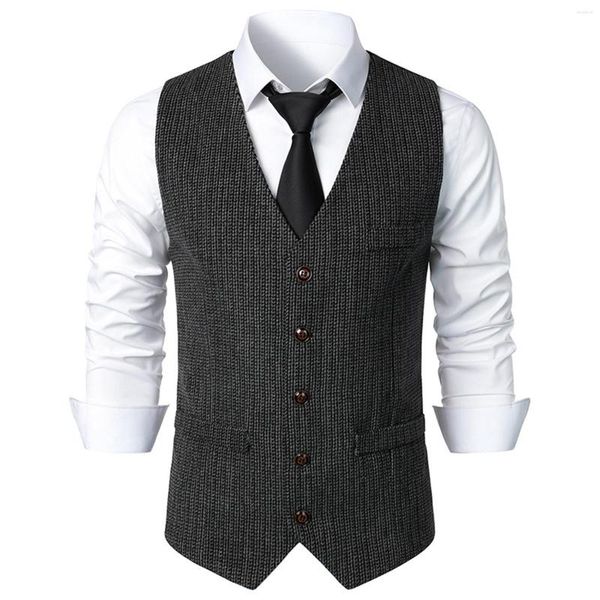 Coletes masculinos 2023 outono elegante vestido formal para homens slim fit v-pescoço tweed colete design de moda cor sólida terno de negócios colete