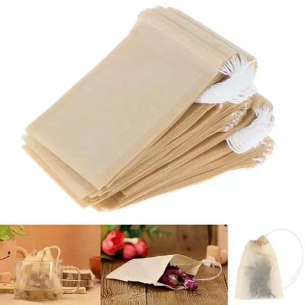 100 Pçs / lote Saco de Filtro de Chá Filtros Ferramentas Natural Polpa de Madeira Crua Papel Descartável Infusor Sacos Vazios com Bolsa de Cordão FY3735 0901