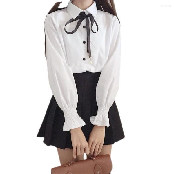 Blusas femininas moda coreana bonito arco faculdade vento camisa feminina manga alargamento blusa feminina uniforme rendas até branco mulher topos