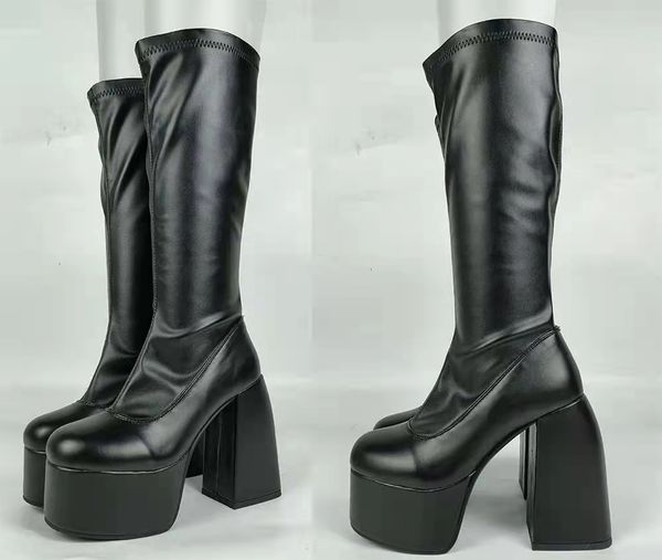 Botas para mulher sapatos de joelho na plataforma gótico salto alto estilo punk nova rocha outono inverno bombas grossas plus size para meninas sapatos