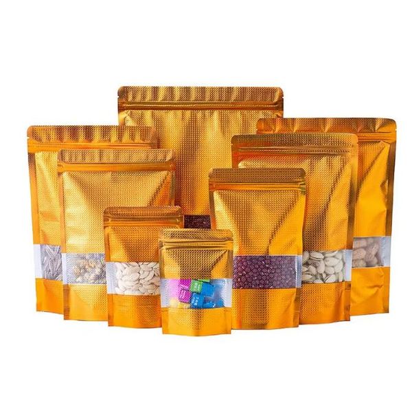 vendita all'ingrosso oro stand up sacchetti autosigillanti in foglio di alluminio goffrato con finestra foglio di mylar busta in plastica bustina con cerniera richiudibile