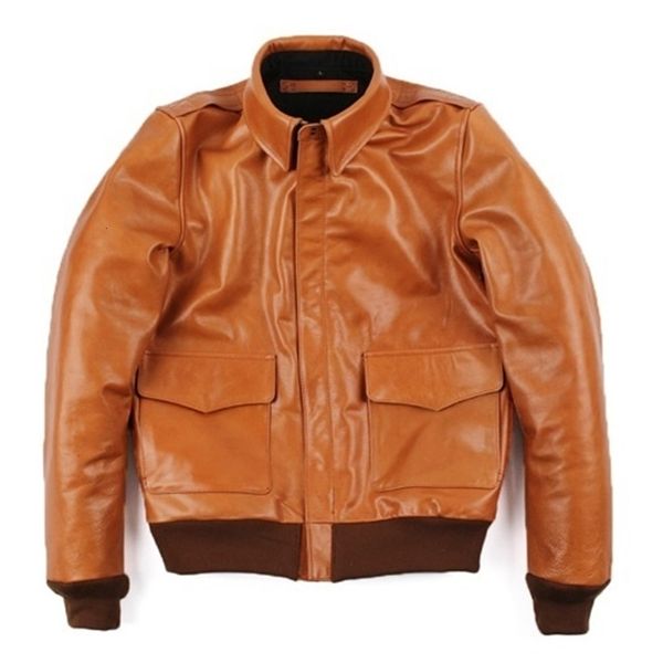 Мужской кожаный искусственный высококачественный роскошный бренд 2023 настоящие оранжевые мужчины 100 подлинные куртки повседневные тонкие классические а2 масляные восковые кожаные куртки Qualit 230831