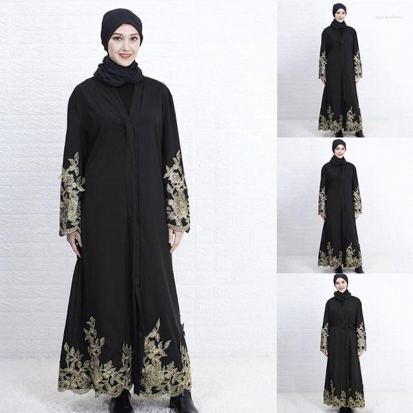 Ethnische Kleidung Frauen Muslim Langarm Maxikleid Naher Osten Abaya Robe Stickerei Blumenapplikation Islamische Dubai Strickjacke Kaftan