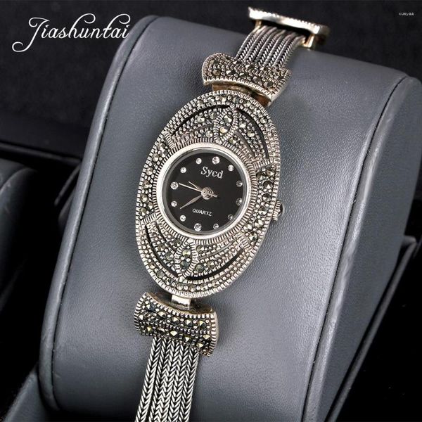 Relógios de pulso ZHJIASHUN Retro 925 Sterling Silver Watch para Mulheres Redondo Vintage Thai Relógio Feminino Pulseiras Jóias