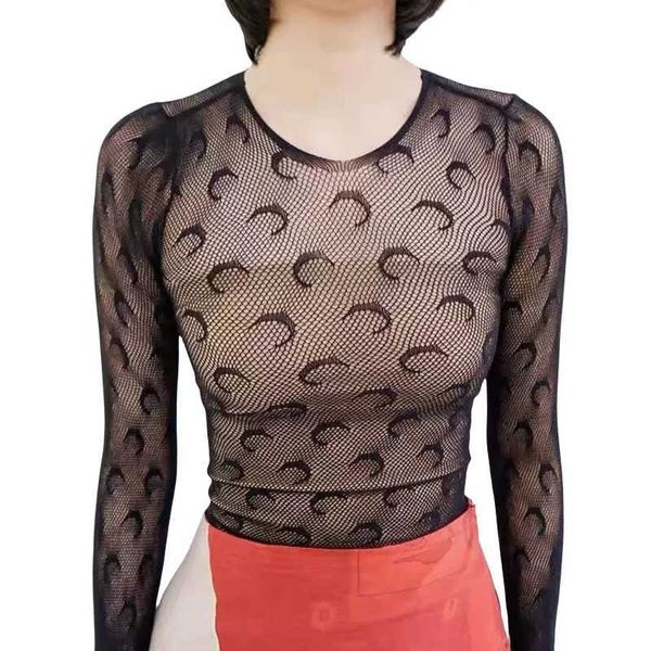 Designer t camisa sexy mulheres malha t camisas femininas ver através de moda lua topos manga longa magro alta streetwear fishnet transparente