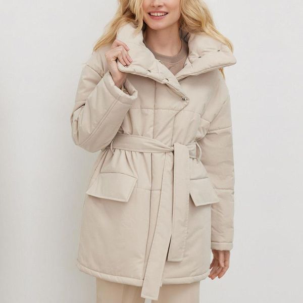 Trench da donna K 2023 W Donna Autunno Inverno Colletto alla coreana Cappotto in cotone Temperamento Bottone irregolare Cintura coordinata Giacca media lunga