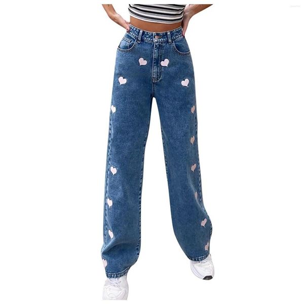 Calças de brim femininas calças azuis mulheres alta estiramento amor impresso vintage cintura americana rua reta tubo denim perna larga calça