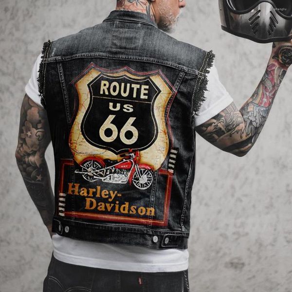 Herrenjacken Männer Hip Hop Schädel Print Denim Jacke Weste Revers Mantel 2023 Herbst Winter Cowboy Retro Motorrad Verschleißmodie Streetwear