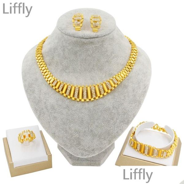 Schmuckeinstellungen Liffly Neue Dubai Gold Sets für Frauen Indische Afrikanische Braut Geschenk Halskette Armband Ohrringe Set Großhandel Drop Deliver Dhnio