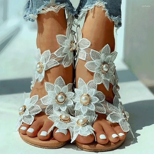 Chinelos 2023 verão senhoras sapatos mulheres sandálias branco floral plana boêmio praia casual para mulher