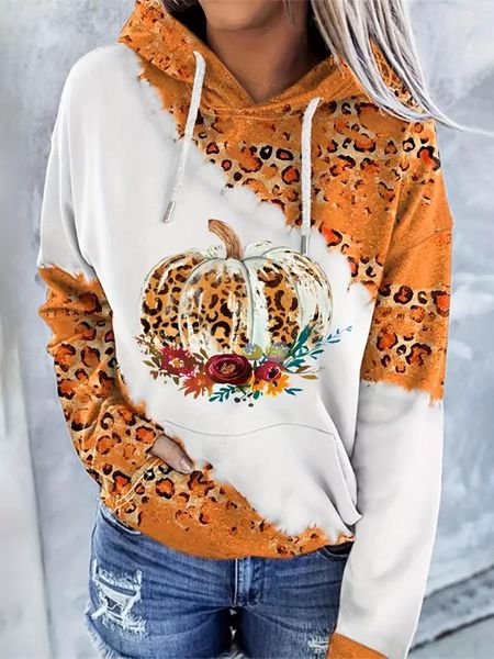Hoodies femininos halloween feminino outono inverno moda abóbora leopardo cordão canguru bolso pullovers oversize camisolas casuais