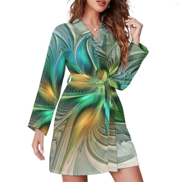 Mulheres sleepwear abstrato flor pijama robe v pescoço colorido fantasia impressão sexy vestido mulheres mangas compridas quarto roupão pijama personalizado