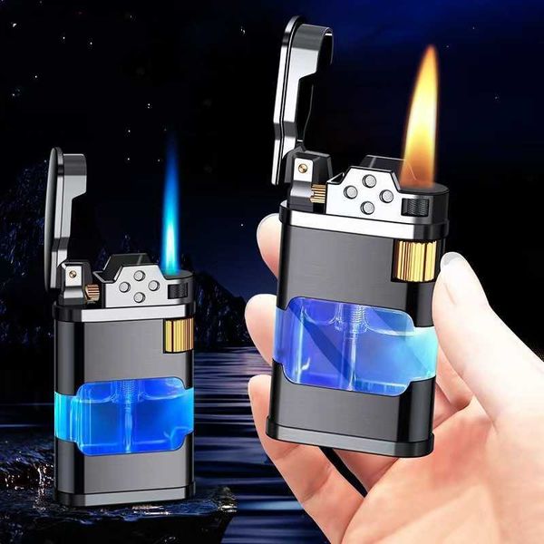 Metallo trasparente serbatoio olio puleggia accensione LED lampeggiante due tipi di fiamma butano senza gas accendini accessori per fumatori gadget XRR5
