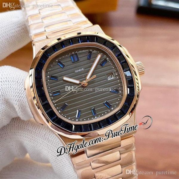 40mm 5711 A21J Relógio Automático Masculino Rosa Ouro Baguette Azul Gem Moldura Cinza Textura Dial Diamantes Vara Marcadores Inoxidável Stee215Y