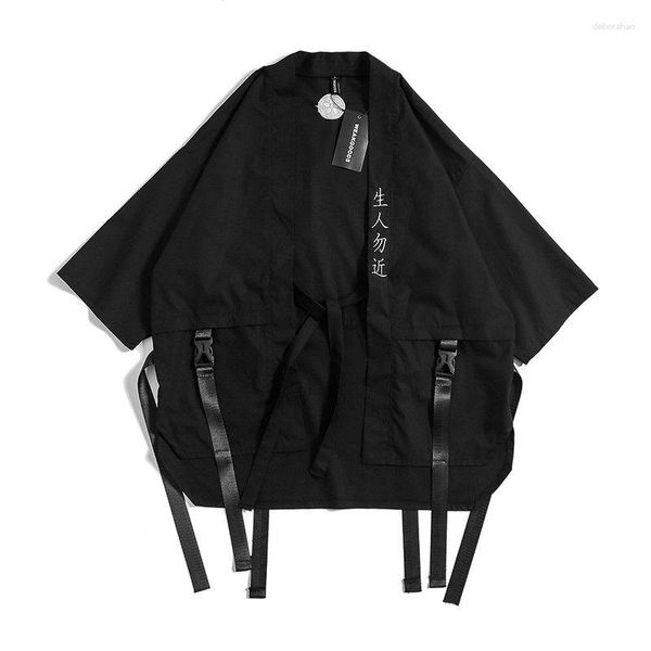 Giubbotti da uomo Harajuku Punto Aperto Kimono Uomo Hip Hop Cappotto Sottile Nastro Streetwear Maschile 2023 Moda Autunno Mens Giacca Allentata