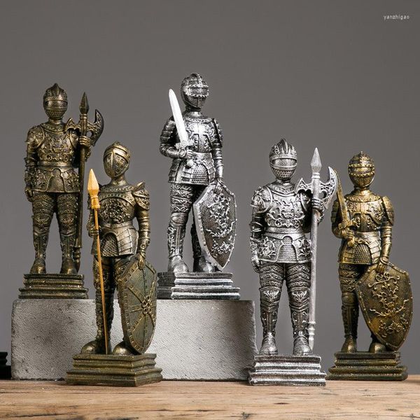 Dekorative Figuren, mittelalterliche europäische Zinn-Samurai-Krieger-Skulptur, Puppe, Kavallerie-Soldat, Ritter, Harzstatue, Heimdekoration