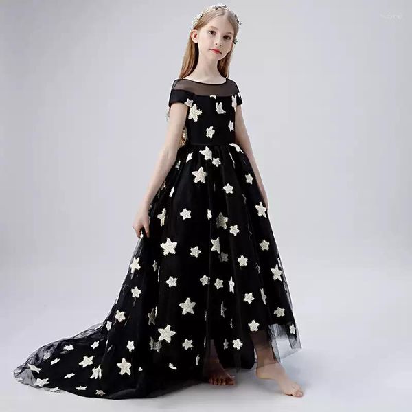 Abiti da ragazza Fiore Corto Illusion Ricamo O-Collo Principessa Piano-lunghezza Tulle Pizzo Lusso Nero Elegante Abito da festa per bambini H488