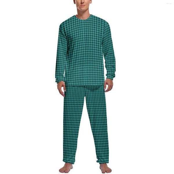 Herren-Nachtwäsche, grün, schwarz, Hahnentritt-Pyjama, Herbst, 2-teilig, kleines Muster, trendige Pyjama-Sets, Herren, lange Ärmel, Heimgrafik