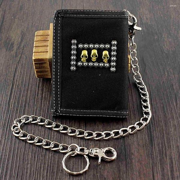 Cüzdan Kafatası Cavans, erkekler veya erkek için güvenli zincirle ince cüzdan para çantası üçlüsü