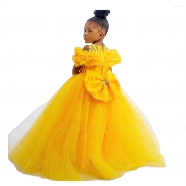 Vestidos da menina amarelo pérola laço flor vestido para casamentos 2023 princesa crianças pequena noiva primeira comunhão pageant noite festa vestido de baile