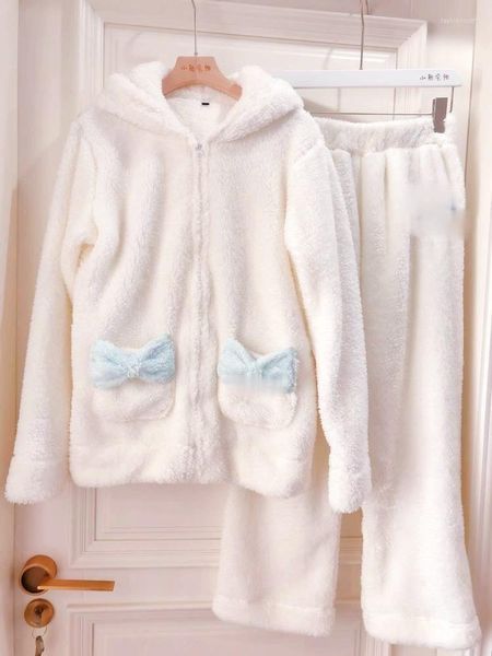 Felpe con cappuccio da donna 1 set Felpa da donna Cosplay Pigiama in due pezzi Pile di corallo Spessore caldo inverno Cartoon Kawaii Pantaloni bianchi