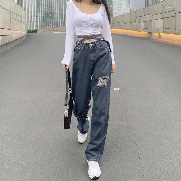 Kadınlar Kot Bahar Sonbahar Yırtılmış Düz Denim Pantolon 2023 Yüksek Bel Kadınlar Tasarım Pantolonlar Bayanlar Sinirli Korkak Baggy Fashion Street