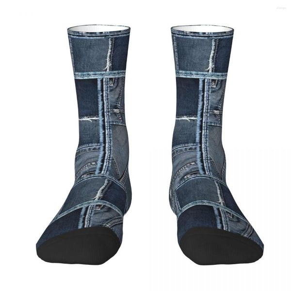 Meias masculinas jeans azuis jeans patchwork adulto unissex homens mulheres