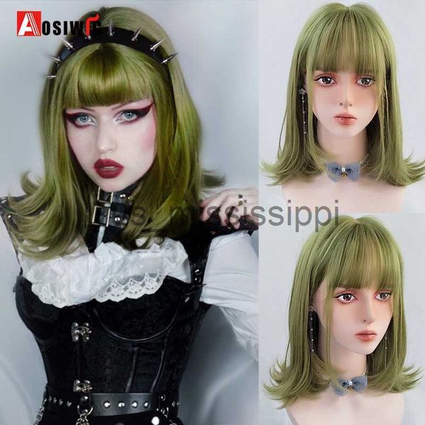 Cosplay perukları aosiwig sentetik kısa bob düz kız peruk yeşil cosplay lolita doğal saç kostüm anime peruk kadınlar için patlama kadın x0901