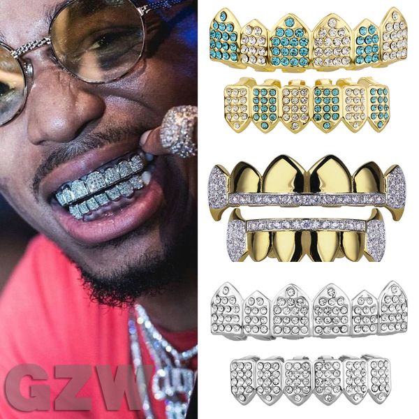 Dentes de vampiro em ouro real 18K Fang Grillz Punk Hip Hop CZ Cubic Zircon Poker Letras Iced Out Diamond Grills Suspensórios Tampa de dente Joias de rapper para cosplay Festa de Halloween