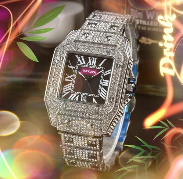 Moda número romano quadrado relógio de couro genuíno mulheres homens à prova d'água senhora Iced Out dia data cheia de diamantes anel caso bateria de quartzo super relógios Montre de Luxe