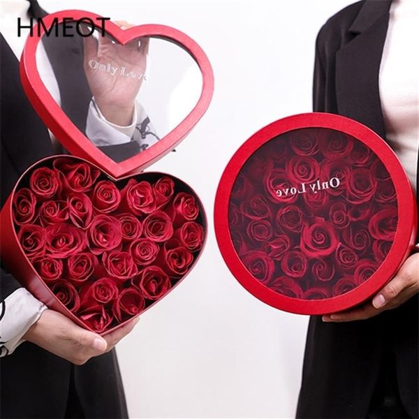 Caixa de armazenamento de embalagem transparente redonda em forma de coração rosa preservada flores caixa de presente diy casamento aniversário dia dos namorados gif265p