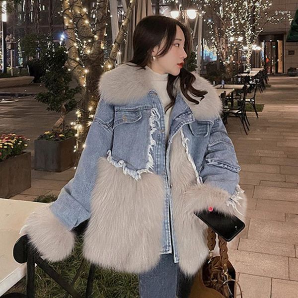 Pele feminina 2023 inverno retalhos denim casaco falso moda feminina parkas integradas versão de comprimento médio solto quente outwear