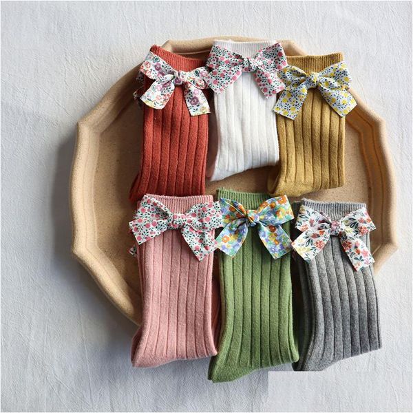 Altri tessili per la casa Bowknot Calzini per ragazze Fiocchi di fiori Calzino per principessa per bambini Calzini per bambini lunghi morbidi spogliati Abbigliamento Drop Deliv Dh94Y