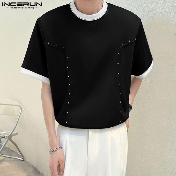 Männer T-Shirts INCERUN Männer Hemd Patchwork Oansatz Kurzarm Lose Koreanischen Stil T Tops Sommer Streetwear 2023 Mode Lässige Kleidung