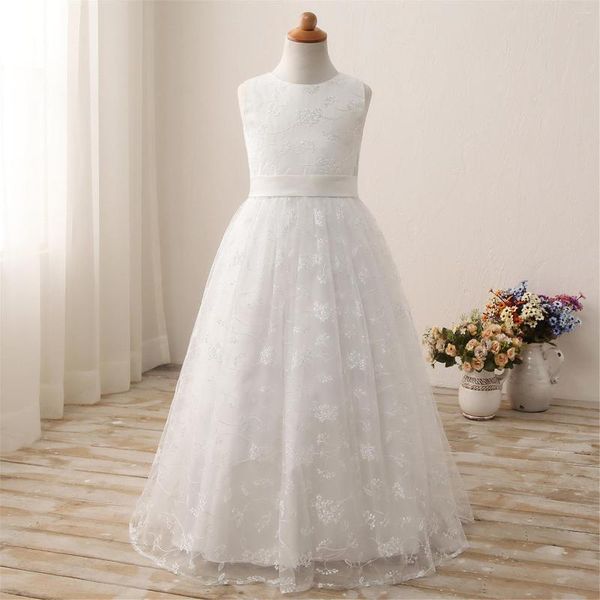 Vestidos de menina linha branco/marfim concurso de casamento tule renda sem mangas verão flor vestido cinto 2-12 anos de idade