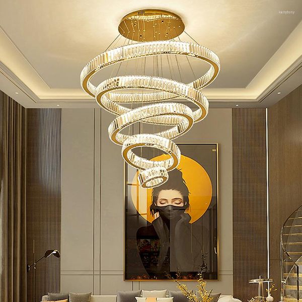 Lampadari Lampadario moderno per soggiorno Grande El Hall Scala alta LED Lampada ad anello rotondo in cristallo Luci per decorazioni per la casa