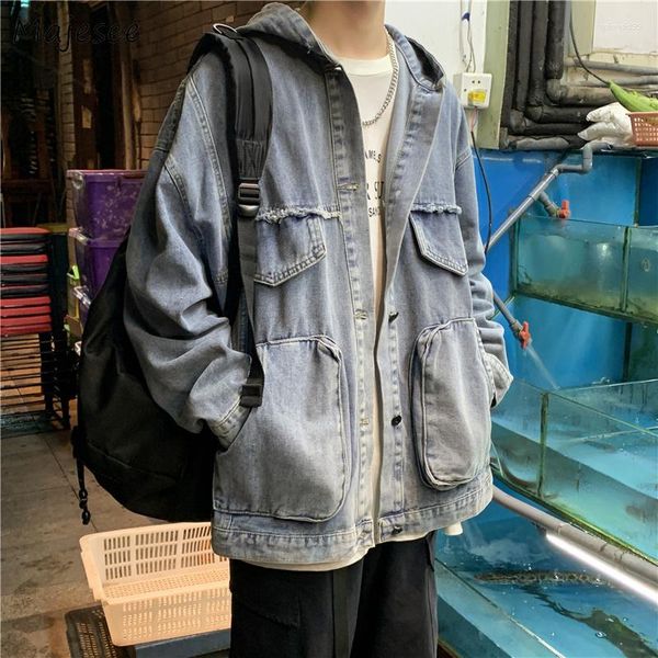 Jaquetas masculinas homens outono vintage bolsos carga na moda high street all-match harajuku preto denim simples com chapéu lavado retro tático