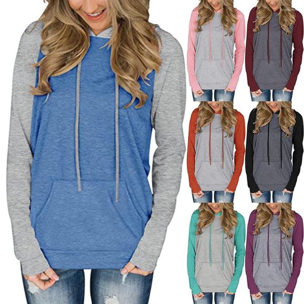 Felpe con cappuccio da donna 2023 Autunno Ladies Casual allentato Hedging Hit Color maniche raglan maglione con tasca con cappuccio