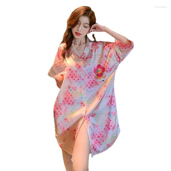 Mulheres sleepwear primavera e verão chiffon manga longa impressão completa rosa girassol sexy nightdress mulheres podem usar comprimento médio