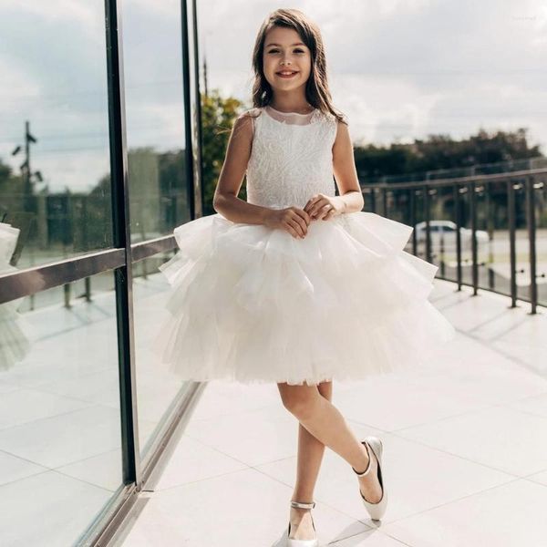 Vestidos da menina bonito a linha inchado em camadas vestido de flor o pescoço sem mangas vestidos de festa curtos para crianças mini branco primeiro vestido de comunhão