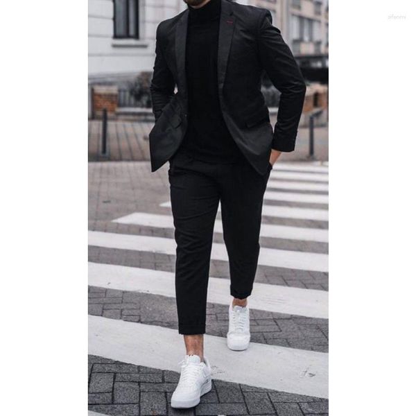 Ternos masculinos casuais preto entalhado lapela moda de rua fino ajuste traje de baile homme smoking 2 peças conjunto (jaqueta calças)