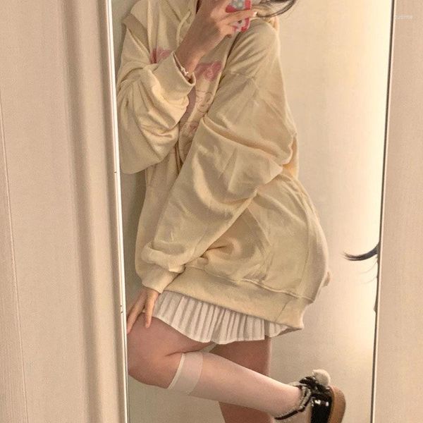 Damen Hoodies Kawaii Beige Hoodie Damen Preppy Style Kapuzenpullover Oversize Korean Fashion Soft Girl Langarm Niedliche Tops Lolita