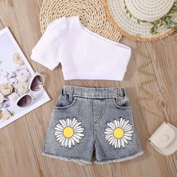 Conjuntos de roupas Bebê Criança Crianças Set Skew Collar Branco Camisas Flor Imprimir Denim Shorts 2 Peça Crianças Meninas Ternos 3 4 5 6 7 Anos