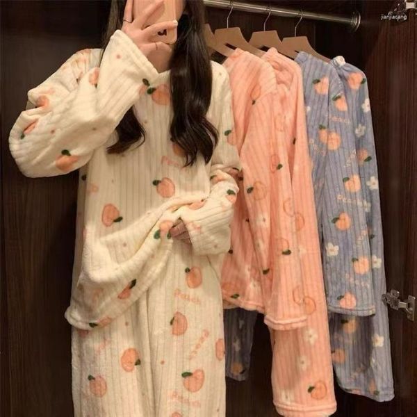 Женская одежда для сна, персиковая печника Женщины пижама, набор зимнего флиса бархата 2 куска для брюки дома пушистый милый пияма теплый o-образный ночной одежда