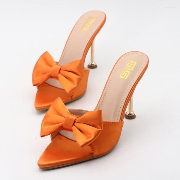 Chinelos 2023 verão sexy mulheres 9cm fino salto alto slides mules sandálias laranja seda bowknot senhora fora vestido sapatos